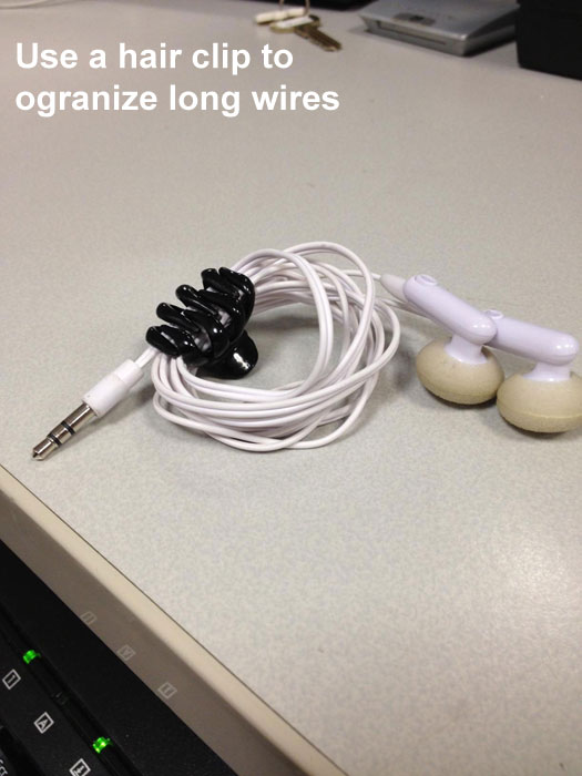 good life hacks - Use a hair clip to ogranize long wires