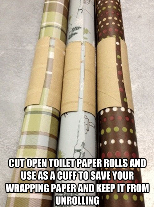 useful household tips - Cut Open Toilet Paper Rolls And Use As A Cuff To Save Your Wrapping Paper And Keep It From Unrolling