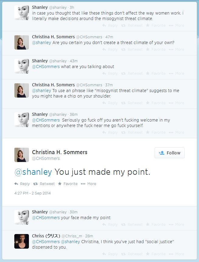 tumblr - shanley tweets - I Shanley 3h in case you thought that these things don't affect the way women work. i literally make decisions around the misogynist threat climate. RetweetFENCINteNOITE Christina H. Sommers 47m Are you certain you don't create a