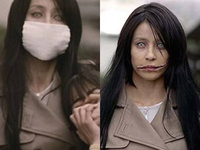 Kuchisake-onna: Her name means "Slit-Mouthed Woman," and you'll know her by the surgical mask and trench coat she wears. Legends have it that she appears in front of children who are walking alone at night and asks, "Am I pretty?" If the child answers, "No," she will kill them with the scissors in her pocket. If the child answers, "Yes," she will take off her mask and ask, "How about now?" If the child says "No," she'll cut them in half. If the child answers, "Yes," she'll cut the child's mouth to look like hers. If you see her, you cannot run away or hide: She'll appear in front of you until you answer her questions.