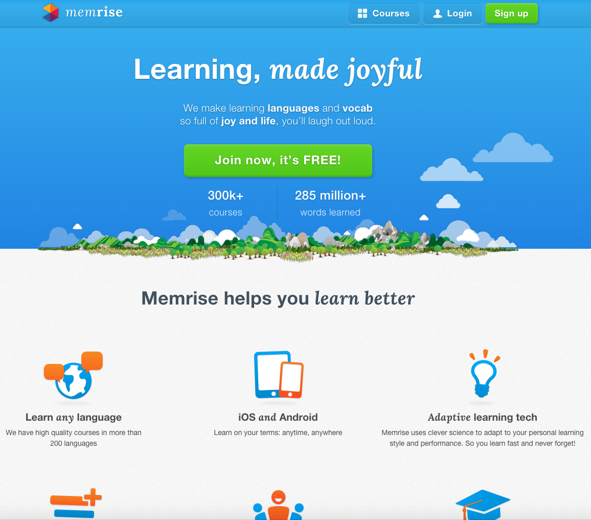 learning chart - memrise !! Courses Login Sign up Learning, made joyful We make learning languages and vocab so full of joy and life, you'll laugh out loud Join now, it's Free! courses 285 million words learned Memrise helps you learn better Learn any lan