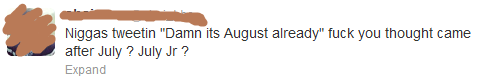 tweet - design - Niggas tweetin "Damn its August already" fuck you thought came after July ? July Jr ? Expand