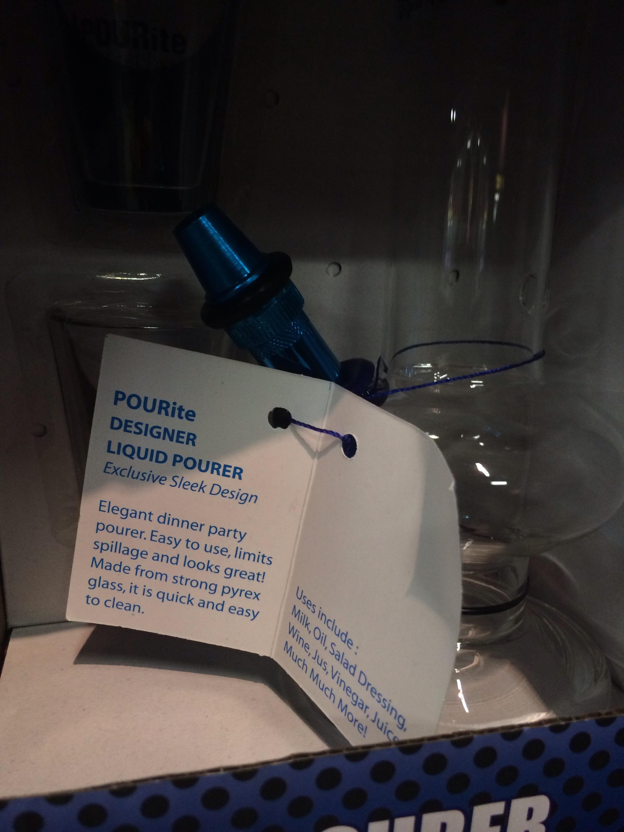 cobalt blue - . POURite Designer Liquid Pourer Exclusive Sleek Design Elegant dinner party pourer. Easy to use, limits spillage and looks great! Made from strong pyrex glass, it is quick and easy to clean. Uses include Much Much More! Wine, Jus, Vinegar, 