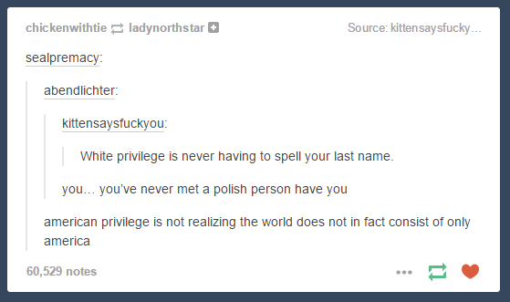 white privilege is never having to spell your last name - chickenwithtie ladynorthstar Source kitten saysfucky... sealpremacy abendlichter kittensaysfuckyou White privilege is never having to spell your last name. you... you've never met a polish person h