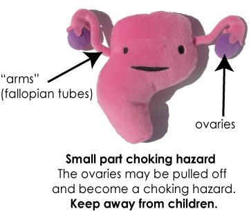 uterus plushie - "arms" fallopian tubes ovaries Small part choking hazard The ovaries may be pulled off and become a choking hazard. Keep away from children.