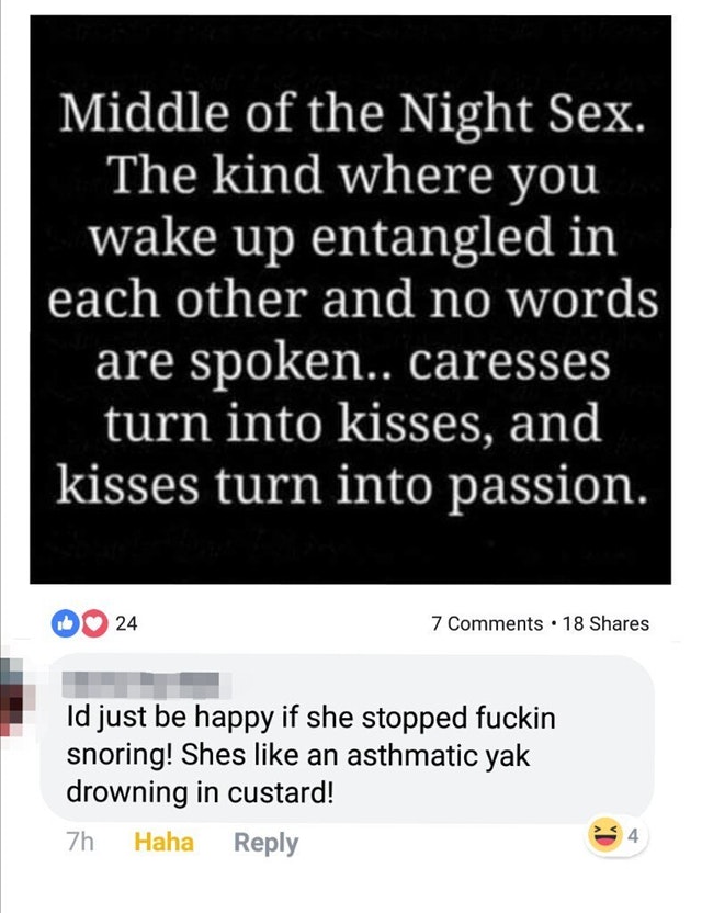 quotes - Middle of the Night Sex The kind where you wake up entangled in each other and no words are spoken.. caresses turn into kisses, and kisses turn into passion. D24 7 18 Id just be happy if she stopped fuckin snoring! Shes an asthmatic yak drowning 