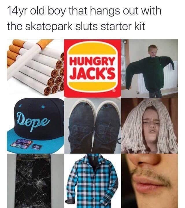 cap - 14yr old boy that hangs out with the skatepark sluts starter kit Hungry Jack'S | D