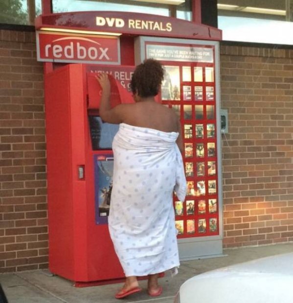 woman in sheet at redbox - Dvd Rentals redbox "Relf