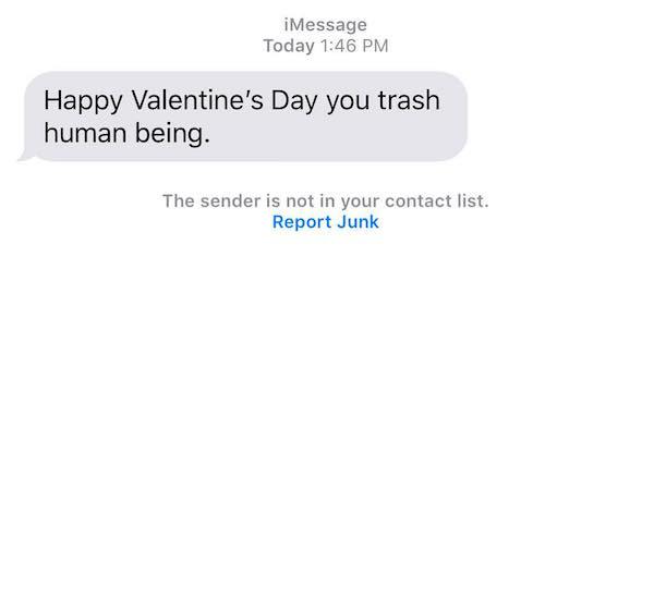 document - iMessage Today Happy Valentine's Day you trash human being. The sender is not in your contact list. Report Junk