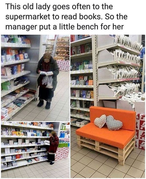 books to read - This old lady goes often to the supermarket to read books. So the manager put a little bench for her