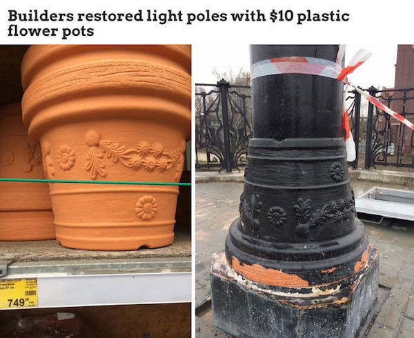 Builders restored light poles with $10 plastic flower pots 749