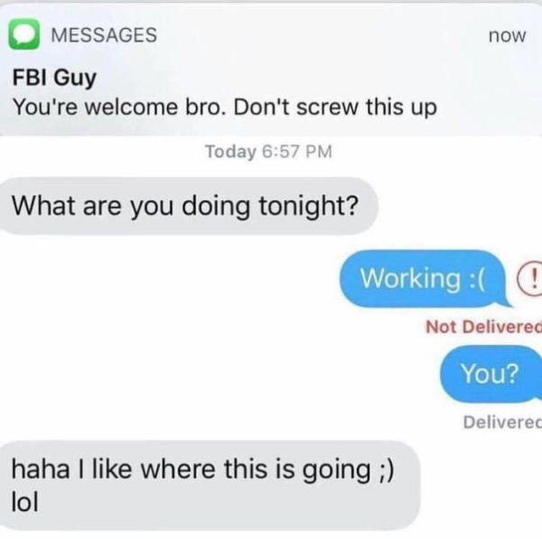 fbi meme - Messages now Fbi Guy You're welcome bro. Don't screw this up Today What are you doing tonight? Working O Not Delivered You? Deliverec haha I where this is going lol