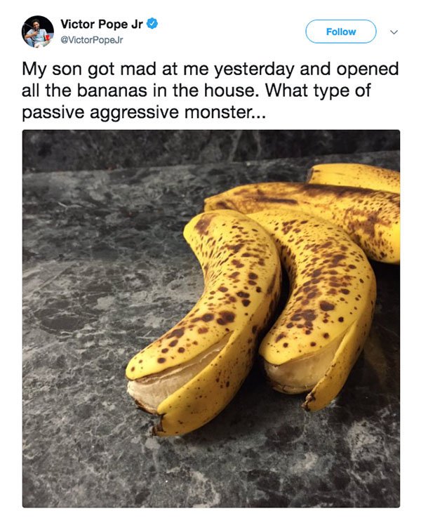 passive aggressive banana - Victor Pope Jr My son got mad at me yesterday and opened all the bananas in the house. What type of passive aggressive monster...