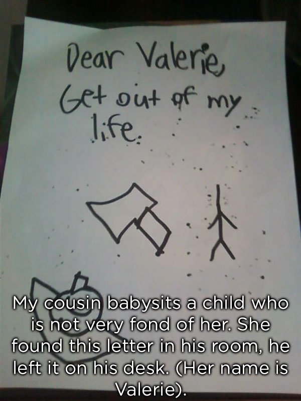 liceo metropolitano del norte - Dear Valerie Get out of my life. My cousin babysits a child who is not very fond of her. She found this letter in his room, he left it on his desk. Her name is Valerie.