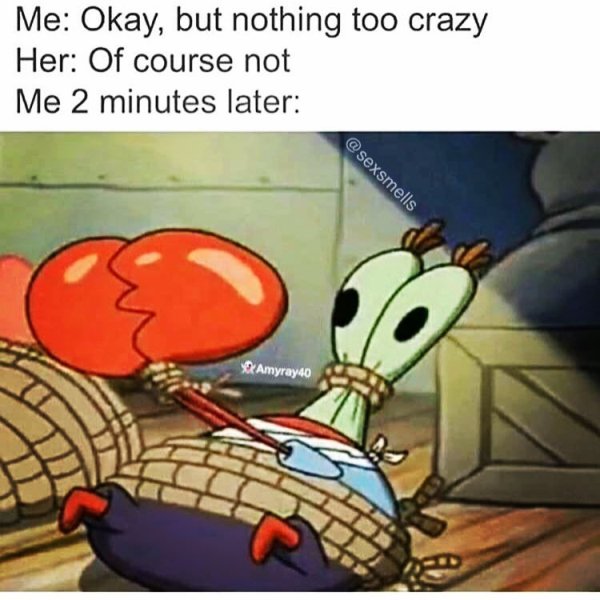 spongebob sexual meme - Me Okay, but nothing too crazy Her Of course not Me 2 minutes later Amyray 40