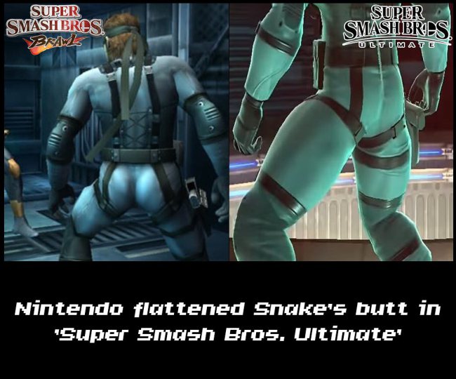 funny gaming memes - solid snake butt - Super Super Smash Bros. Bral Smashbres Ultimate Nintendo flattened Snake's butt in 'Super Smash Bros. Ultimate