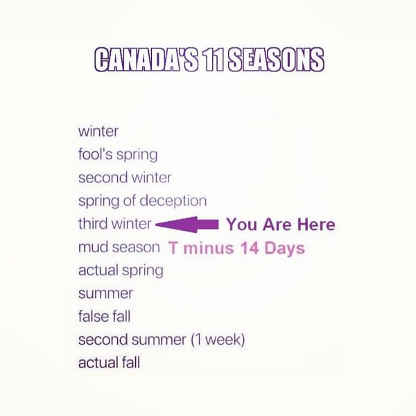 test of my life - Canada'S 11 Seasons winter fool's spring second winter spring of deception third winter You Are Here mud season T minus 14 Days actual spring summer false fall second summer 1 week actual fall