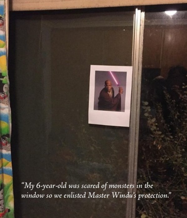 shelving - My 6yearold was scared of monsters in the window so we enlisted Master Windu's protection."