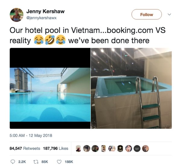 booking com vs reality - Jenny Kershaw Our hotel pool in Vietnam...booking.com Vs reality s we've been done there 84,547 187,796 9 12