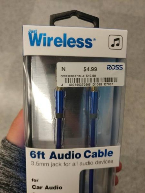 electronics accessory - Just Wireless a N $4.99 Ross Comparable Value $10.00 J 400156370505 D1068 C7057 6ft Audio Cable 3.5mm jack for all audio devices for Car Audio