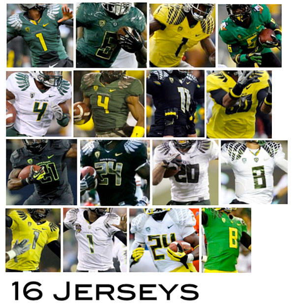 UNIVERSITY OF OREGON: UNIFORM CHANGES-Besides being a Pac-12 powerhouse and high-tech Nike research lab, the University of Oregon is also weirdly fashion conscious, rarely playing in the same combination of jerseys, pants, and helmet designs twice. The tradition came about as a way of showing off the Ducks' rebirth as a competitive team, and the attention-grabbing designs are said to be surprisingly useful in recruiting. Plus, having forty different jersey designs to sell to fans instead of just two can be pretty lucrative..