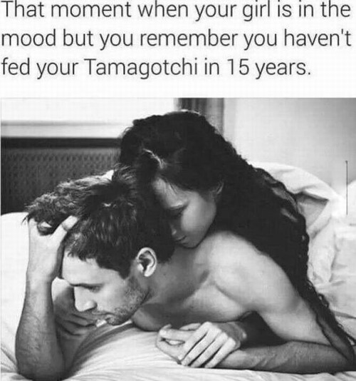 pegging me meme - That moment when your girl is in the mood but you remember you haven't fed your Tamagotchi in 15 years.