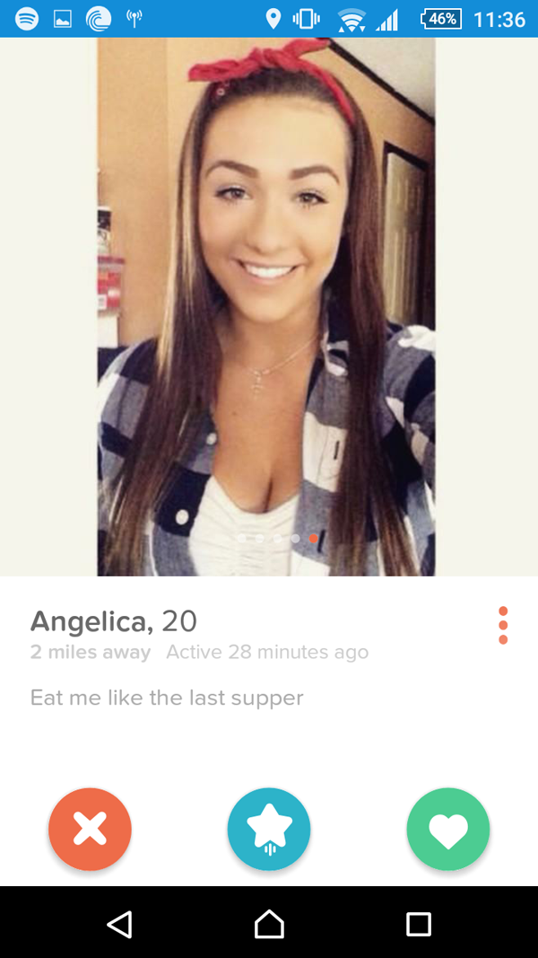 tinder profile male - 0 0 F ull 46% Angelica, 20 2 miles away Active 28 minutes ago Eat me the last supper