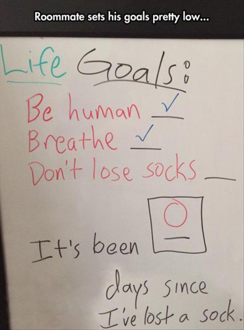 life goals funny - Roommate sets his goals pretty low... Life Goals Be human r Breathe Don't lose socks It's been days since I've lost a sock.