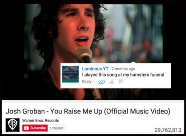 funniest youtube comments - Luminous Yt 2 months ago I played this song at my hamsters funeral 227 Josh Groban You Raise Me Up Official Music Video Warner Bros. Records Subscribe 1,789,890 29,762,813