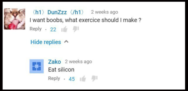 youtube comments what happened - h1 DunZzz h1 2 weeks ago I want boobs, what exercice should I make ? 22 Hide replies ^ Zako 2 weeks ago Eat silicon 45