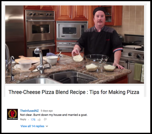 funny youtube comments - ThreeCheese Pizza Blend Recipe Tips for Making Pizza ThelnfusedNZ 5 days ago Not clear. Burnt down my house and married a goat. 175 View all 14 replies