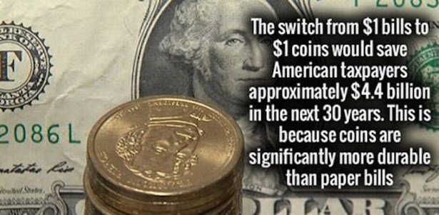 everything happens for a reason - The switch from $1 bills to $1 coins would save American taxpayers approximately $4.4 billion in the next 30 years. This is because coins are significantly more durable than paper bills Dlar 2086L w ww. No