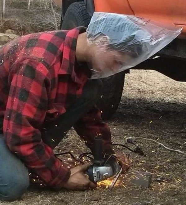 Wearing a plastic bag instead of protective goggles