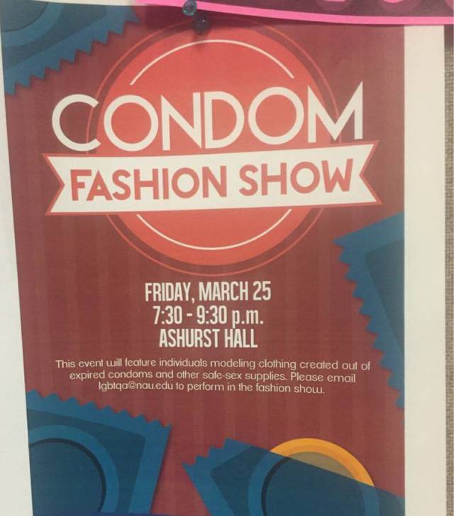 varnish - Condom Fashion Show Friday, March 25 p.m. Ashurst Hall This event will feature individuals modeling clothing created out of expired condoms and other safesex supplies. Please email Igblga.edu to perform in the fashion show