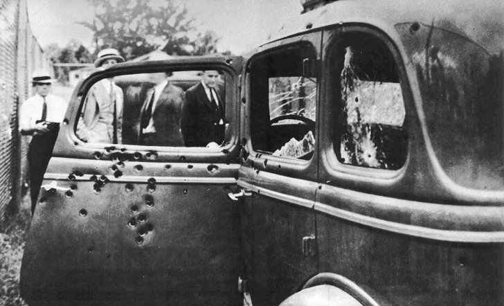 Bonnie and Clyde's car following the shootout that ended the two outlaws.  The gunfire barrage was so loud that many members of the posse experienced temporary deafness.