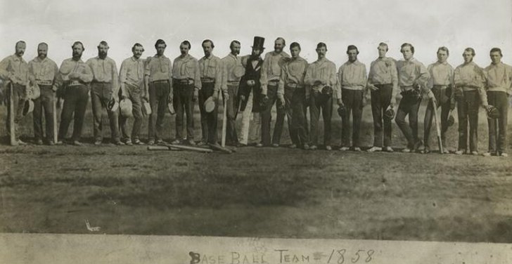The first known sports team photo ever taken, The 1858 Knickerbocker Base Ball Club, Hoboken, New Jersey.