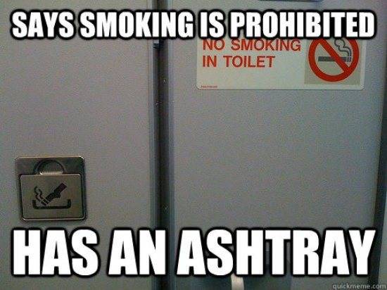 There's an ashtray in the lavatory...but that doesn't mean you can use it.“Ashtrays in the lavatories are mandatory equipment even though the FAA banned smoking on flights years ago. The reasoning is that if people do decide to smoke, they want them to have a place other than the trash can to throw the butt.”