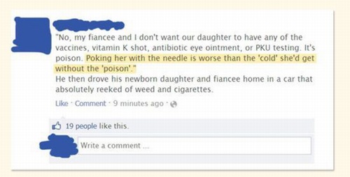 diagram - "No, my fiancee and I don't want our daughter to have any of the vaccines, vitamin K shot, antibiotic eye ointment, or Pku testing. It's poison. Poking her with the needle is worse than the 'cold' she'd get without the 'poison'." He then drove h