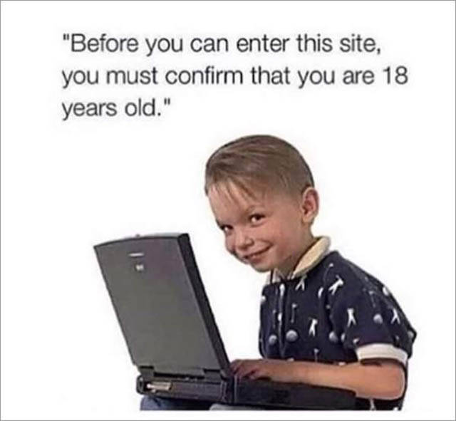 memes - kid on a computer - "Before you can enter this site, you must confirm that you are 18 years old."