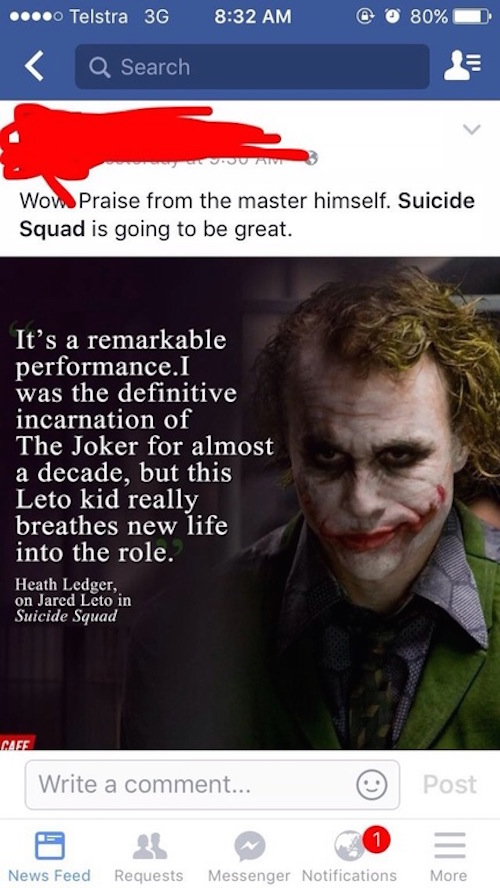 dumbest people - .... Telstra 3G @ 80% Q Search Wow Praise from the master himself. Suicide Squad is going to be great. It's a remarkable performance. I was the definitive incarnation of The Joker for almost a decade, but this Leto kid really breathes new