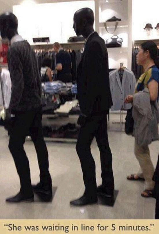 she was waiting in line for 5 minutes - "She was waiting in line for 5 minutes."