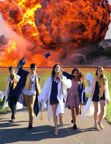 Graduates walking away from an explosion like out of a movie scene.
