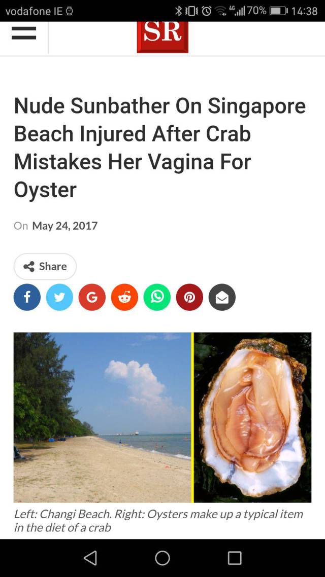 you get crabs - vodafone Ie 0 01 46.ll 70% Sr Nude Sunbather On Singapore Beach Injured After Crab Mistakes Her Vagina For Oyster On Left Changi Beach. Right Oysters make up a typical item in the diet of a crab