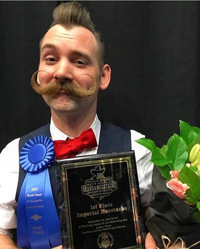 Jackie Lynn Ellison secures a gold for the Austin Facial Hair Club at home here at the 2017 #RemingtonBeardBoss World #Beard and #Moustache Championships. This marks his second consecutive 1st place World Championship win in the Imperial Moustache category! Congratulations Jackie!!