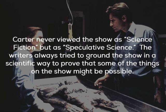 photo caption - Carter never viewed the show as "Science Fiction" but as "Speculative Science." The writers always tried to ground the show in a scientific way to prove that some of the things on the show might be possible.