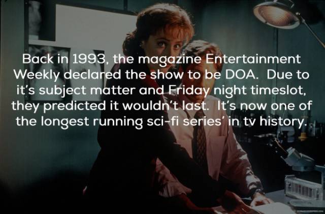 first season x files - Back in 1993, the magazine Entertainment Weekly declared the show to be Doa. Due to it's subject matter and Friday night timeslot, they predicted it wouldn't last. It's now one of the longest running scifi series in tv history.