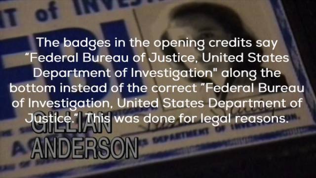 photo caption - T of Inte The badges in the opening credits say "Federal Bureau of Justice, United States Department of Investigation" along the bottom instead of the correct "Federal Bureau of Investigation, United States Department of Justice. This was 