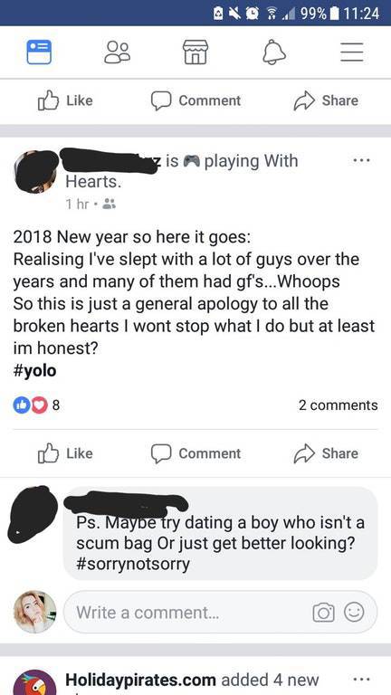 web page - &@ 499% 1 D Comment is playing With Hearts 1 hr. 2018 New year so here it goes Realising I've slept with a lot of guys over the years and many of them had gf's...Whoops So this is just a general apology to all the broken hearts I wont stop what