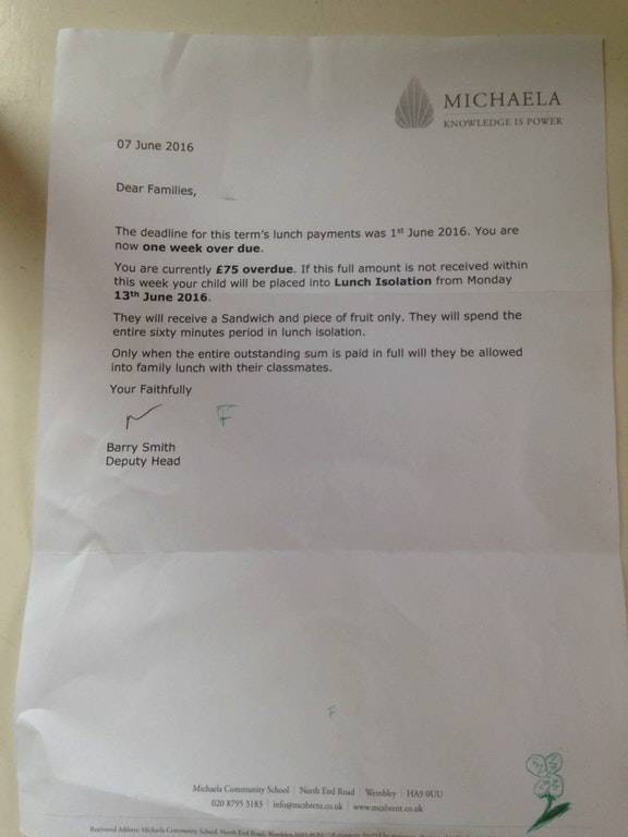 isolation letter - Michaela Knowledge Is Power Dear Families, The deadline for this term's lunch payments was . You are now one week over due. You are currently E75 overdue. If this full amount is not received within this week your child will be placed in