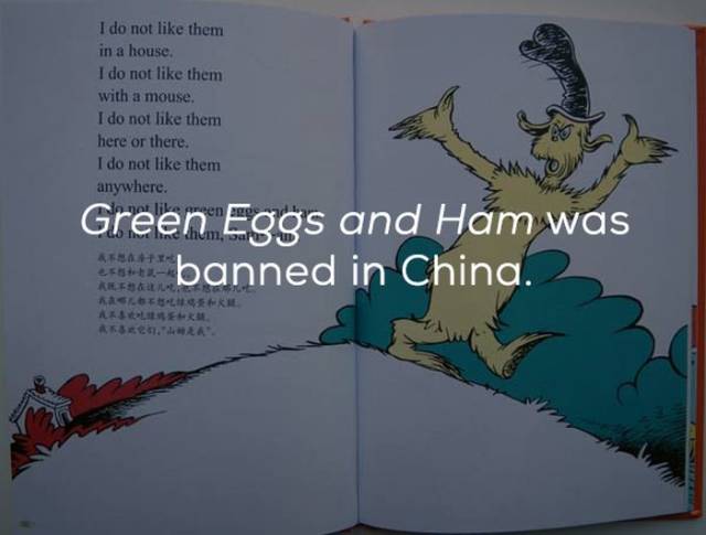 poster - I do not them in a house. I do not them with a mouse. I do not them here or there. I do not them anywhere. Green Eggs and Ham was banned in China. 45AH At It